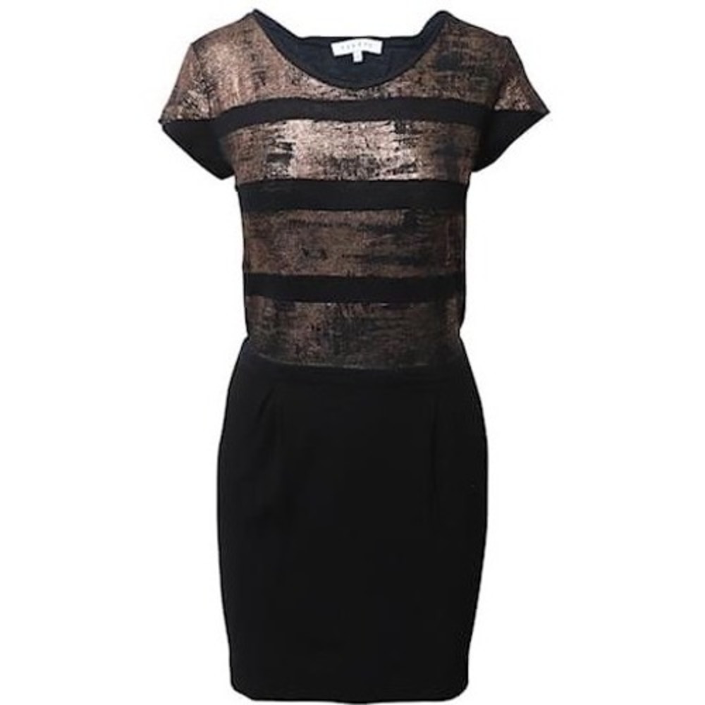 Sandro Paris Knee Length Dress Womens Size 6 Black Gold Metallic Cocktail Formal